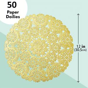 TEMU 50팩 우아한 12인치 라운드 골든 라 페이퍼 도일리 & 플레이스매트 - 정교한 꽃무늬가 있는 스캘럽 가장자리, 화려한 중앙, 결혼식, 부활절, 크리스마스, 데이, 샤워를 위한 내구성 있는 일회용 테이블 장식 - 럭셔리 테이블 세팅 장식, 손세탁 전용, 품질 종이, 축제 행사, 파티, 공식 행사, 신부 샤워, 수제 초대장 등
