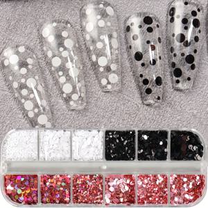 TEMU 네일 아트 스팽글 12개입 (블랙, 화이트, 핑크 색상의 원형 점, 꽃무늬 디자인 믹스) - 네일 데코레이션용
