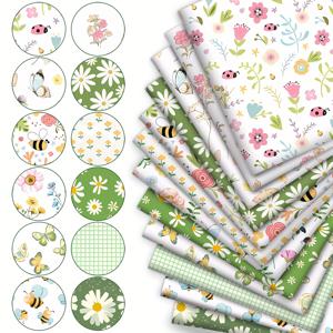 TEMU 12가지 여름 곤충, 꽃, 잎, 데이지, 벌, 나비, 무당벌레, 총 12가지 디자인 스타일의 8분할 패브릭 번들, 폴리에스터 패치워크, 퀼팅, 공예, 지갑 제작, 선물, 인형 옷, 가방 제작, 쿠션 제작에 적합, 120G/Ms