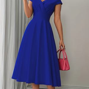 TEMU 여성용 우아한 하트 넥라인 드레스 - 풀 슬리브 미디 길이 웨딩, 교회용 드레스 - 기계 세탁 가능한 루즈핏 드레스