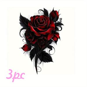 TEMU 3개 빨간 장미 & 검은 잎사귀 열전사 스티커, 티셔츠 제작용 다리미 패치, 베개 장식 - 멀티 컬러, 내구성, 세탁 가능한 플라스틱 스티커, 티셔츠, 스웨트셔츠, 청바지, 가방, 베개, 모자 등에 적합, 열전사