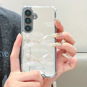 TEMU 갤럭시 S25 울트라 호환 럭셔리 크리에이티브 패션 포코너 충격방지 보호 화이트 리본 패턴 미러 폰 케이스 - 갤럭시 S25 S24 S23 S22 S21 플러스 울트라 FE A55 A54 A53 A52 A52S A32 A23 A16 A15 A14 5G 호환, 가족, 연인, 친구에게 선물하기 좋은 축제용 선물 GU1