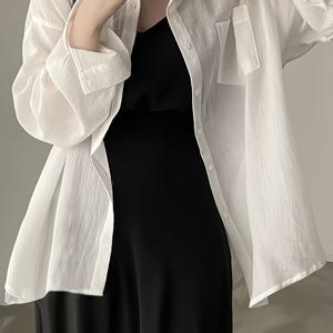 TEMU 화이트 긴팔 셔츠 | 캐주얼 스타일, 라펠 칼라, 단색, 레귤러 길이, 포켓 디테일, 싱글 브레스트 플래킷, 여름용 루즈핏