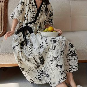 TEMU 2025년 신상 컬렉션의 필수템! 귀여운 고양이 프린트 기모노 스타일 잠옷 로브. 부드럽고 피부 친화적이며, 아늑한 라이프스타일을 연출하는 완벽한 아이템. 귀여운 스타일로 완성됩니다.