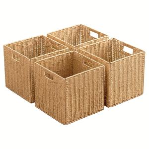 TEMU 스타일의 손잡이가 달린 접이식 수납 바구니 4개 세트. 크기는 12 X 12 X 12인치 (약 30 X 30 X 30cm). 종이 로프로 제작되었으며 직사각형 접이식 큐브로, 선반 정리 및 거실 공간 절약에 적합합니다.