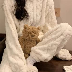 TEMU 겨울 여성용 코랄 파자마 세트 | 2피스 솔리드 컬러 풀오버 & 팬츠, 겨울 및 초봄용 따뜻한 라운지웨어, 세탁기 사용 가능