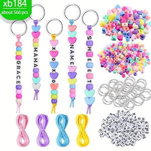 TEMU 약 566개 DIY 비즈 키체인 세트 - 조절 가능한 글자 하트 모양 비즈 키체인 재료, 다양한 색상과 디자인, 주얼리 만들기와 공예에 완벽, |생동감 넘치는 비즈 디자인|내구성 있는 공예 재료, 생일 파티 키체인 소품 선물