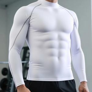 TEMU 남성용 속건성 스트레치 피트니스 셔츠 – 하이넥 긴팔 스포츠 탑, 스키니 핏, 흡습성 기능성 짐 의류, 단색, 탄성 원단, 사계절 훈련용 티셔츠 (일상복 및 운동용), 스포티 스타일