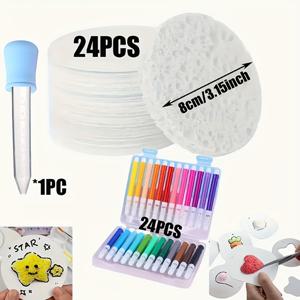 TEMU 24/12개입 3.15*3.15 3D 원형 텍스처 페인팅 용지, 24개입 수채화 펜 및 1개입 스포이드 포함 - 푹신한 텍스처 미술 용지, 전문가용 페인팅 용지, 페인팅 도구, 창의적인 디자인 장식 용지, 수공예 미술, 텍스처 페인팅에 적합