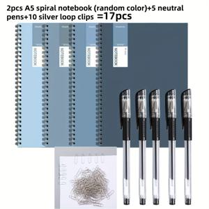 TEMU 17개 세트 - (A5 스파이럴 노트 2개 + 중성 펜 5개 + 종이 클립 10개) - 튼튼한 소프트 커버, 다이어리, 회계장, 노트, 트윈 와이어 바인딩, 학생, 사무실 및 전문가에게 적합
