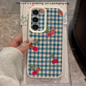 TEMU 삼성 갤럭시 S23/S22/S24/S21 울트라/S20/A31/A32/A55/A72/A52S/A34/S23 울트라/S10용 블루 그리드 체리 패턴 낙하 방지 소프트 휴대폰 케이스, 새로운 패셔너블한 보호 커버, 선물, 비즈니스, 라이트 럭셔리 스타일