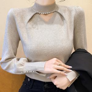 TEMU 여성용 유럽 스타일 스웨터, 하프 하이 칼라 디자인, 2025년 신상, 가을/겨울 레이어링에 완벽. 속이 빈 디자인과 스타일리시한 스플릿 커프스 특징.