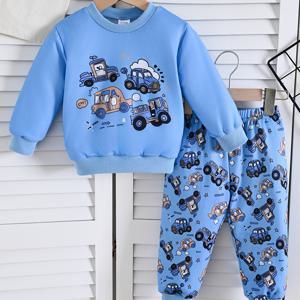 TEMU 귀여운 자동차 프린트 라운드넥 긴팔 스웨트셔츠와 팬츠가 포함된 남아용 가을/겨울 세트, 야외 활동에 완벽