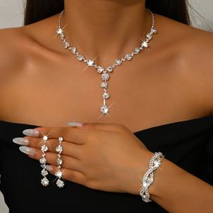TEMU 3개 패션 라인스톤 주얼리 세트 | 웨딩 및 연회 행사용 은도금 구리 목걸이, 귀걸이, 팔찌, 니켈 프리 도금