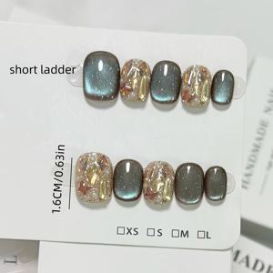 TEMU 10개입 청록색 고양이 눈 진주 장식, 데일리용 짧은 사각 인조 네일, 가을/겨울용 새로운 단색 디자인, 피부톤에 어울리는, 여성용, 보관 상자 포함