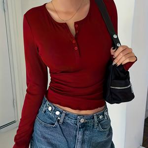 TEMU 여성 버건디 긴팔 라운드넥 티셔츠 - 우아한 특별 컬렉션 단색 버튼업 상의
