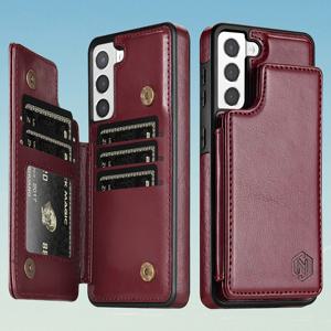 TEMU 단색 지갑 케이스, 더블 버튼 사이드 스티커, 카드 슬롯, RFID 차단, 킥스탠드 및 자석 플립, 인조 가죽으로 제작, 다양한 삼성 갤럭시 A 시리즈용 디자인, 충격 방지 보호 제공, Q