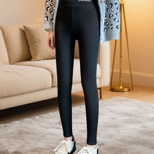 TEMU 여성용 하이웨이스트 두꺼운 플리스 레깅스, 가을/겨울 캐주얼 웨어에 완벽, 허리 주름 스타일리시한 레터 자수, 단색 플리스 안감, 추운 날씨 및 데일리룩에 적합