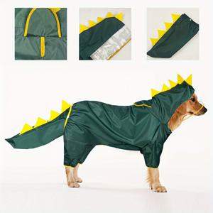 TEMU 대형 강아지용 그린 공룡 사각형 변신 우비, 풀 커버, 꼬리, 시야를 방해하지 않는 투명 챙이 특징입니다.