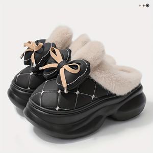 TEMU 새로운 가을/겨울용 리본 슬리퍼, 스위트 스타일, 부드럽고 두꺼운 밑창, 플러시 안감, 실내화용, 따뜻하고 보온성 있는, 외출용으로 적합한, 키높이, 패셔너블한 신발, 여성 신발