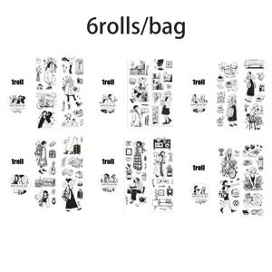 TEMU 세련된 흑백 라인 캐릭터 디자인의 테이프 6롤 세트. 스크랩북 및 저널링에 완벽하게 적합하며, 사진 프레임, 휴대폰 케이스, 머그컵 장식에 이상적입니다.