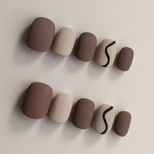 TEMU 10개입 핸드메이드 숏 스퀘어 프레스온 네일 모카 코코아 브라운 크림 화이트 컬러 클래시 매트 기하학적 라인 우아한 디자인 | 여름 봄 사계절 네일 | 네일 키트 풀 세트 네일 테크 용품 웨딩, 파티, 휴가용 빠른 건조 인조 네일