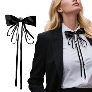 TEMU 프렌치 빈티지 블랙 새틴 보우 타이 (긴 리본 포함) | 우아하고 독특한 셔츠 크라바트 액세서리, 세탁기 사용 가능 또는 드라이 크리닝