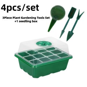 TEMU 4개 세트: 덮개가 있는 12구 모종 트레이 1개와 3개 정원 가꾸기 도구 키트가 포함되어 있습니다 - 통기성 뚜껑과 모종용 습기 보존 받침대가 있는 소형 온실 세트, 채소, 꽃, 허브 재배에 이상적