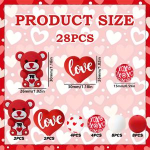 TEMU 하트와 곰돌이 모양의 빨간색 실리콘 비즈 28개 | 팔찌, 목걸이, 장식 참, 휴대폰 펜던트, 가방 액세서리, 생일 및 발렌타인데이 선물용 패셔너블한 주얼리 제작 비즈