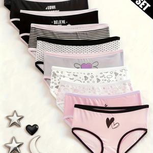 TEMU 여아 속옷 6종 세트, 만화 하트, 별 디자인, 물방울, 부드러운 색상, 통기성 좋고 편안함, 아동용 팬티