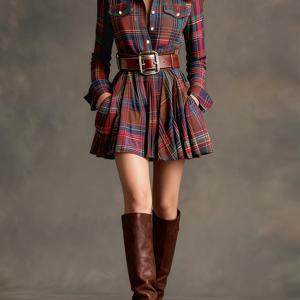 TEMU 벨트 미포함 - 봄 여름용 잉글리시 스타일 셔츠 드레스 - 컬러 블록 체크 웨이스트 디자인 단추 포켓 숏 스커트 - 빈티지 캐주얼 슬림핏 숏 셔츠 드레스