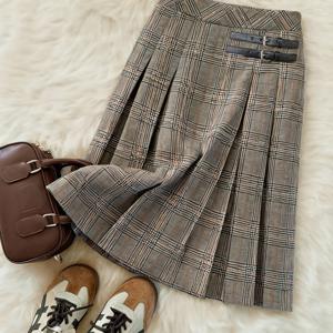 TEMU 여성용 브리티시 빈티지 아카데믹 플리츠 체크 스커트 - 미드 길이 숏 스커트, 더블 버튼 클로저, 체크 패턴으로 오피스, 출퇴근, 여행, 애프터눈 티에 적합 - 가을/겨울용 세탁기 세탁 가능 스커트