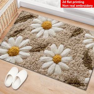 TEMU 1개 베이지 플란넬 러그, 흰색 데이지 패턴 | 비실장 뜨개질, 주방, 복도, 침실 현관, 욕실, 실내/실외 사용에 적합, 가볍고 세탁기 사용 가능, 바닥 장식 매트, 관리가 용이한 원단