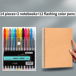 TEMU A5 스파이럴 노트 14개 세트: 노트 2개 + 글리터 색연필 12개, 30페이지/60매 코일 메모장 노트북 다이어리 플래너, 줄눈 있는 격자무늬 종이, 업무, 스케치, 일기, 공부, 필기 기록에 최적, 이상적인 선물, 학용품 | 스타일리시한 A5 디자인 | 고품질 종이, 노트북 및 다이어리
