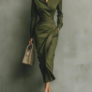 TEMU 봄/여름 우아한 슬림핏 비대칭 긴팔 칼라 셔츠 드레스