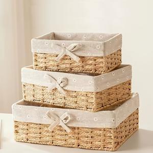 TEMU 3개 세트 수제 종이 로프 수납 바구니 - 스타일 오픈형 정리함 (거실, 욕실, 화장실용) - 튼튼한 직조 디자인, 장식용 리본 장식, 선반 바구니