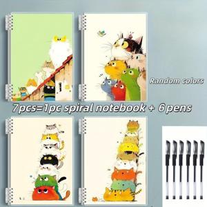 TEMU 7개 세트 (스파이럴 노트 1개 + 펜 6개 포함) - 귀여운 만화 고양이 디자인, 각 120페이지, 분리형 학습 스파이럴 바인딩, 학교, 사무실 또는 다이어리에 적합, 생일 선물