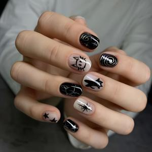 TEMU 고양이, 별, 회오리 모양 장식이 있는 24개 타원형 짧은 착용 가능한 네일 팁, 패션 네일 스티커, 풀 커버리지 인조 네일, 도구 키트 포함