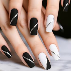 TEMU 30개입 스퀘어 네일 스티커 - 블랙 & 화이트 컬러 블록, 불규칙한 실버 라인 장식 디자인, 매트 풀커버 프레스온 아크릴 인조 네일, 발렌타인데이 선물, 파티, 웨딩, 데일리 네일 장식용