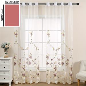 TEMU 침실, 거실, 사무실, 주방용 로드 포켓이 있는 1개 장미 자수 반투명 커튼 패널 - 세탁기 사용 가능한 폴리에스터 홈 데코, 거실 커튼