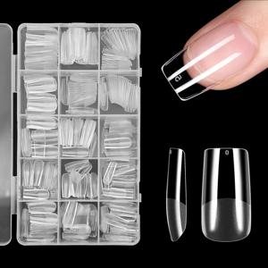 TEMU 240/330개 하프 무광 네일 팁, 정사각형 15가지 사이즈 투명 인조 손톱, 풀커버 아크릴 네일 팁, 손톱 연장 매니큐어 살롱 가정용 DIY