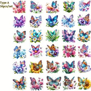 TEMU 30개/세트 수제 레트로 스프링 워터컬러 나비 꽃 꿀 컬렉션 시리즈 고품질 스티커, 쓰레기 일기장 노트북 스크랩북 장식용 DIY 컷팅 북 스티커