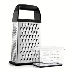 TEMU 컨테이너가 있는 전문가용 치즈 그레이터, 손잡이 장착, 주방용 스테인리스 스틸 재질, 사면으로 구성된 박스 그레이터 디자인, 채소, 생강, 감자 다지기에 적합, 블랙 색상