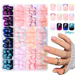 TEMU 288피스 프렌치 스타일 그라데이션 프레스온 네일 세트 - 짧은 스퀘어 네일, 불투명 & 투명 아크릴 네일 키트, 여성용 (데일리, 파티, 웨딩)
