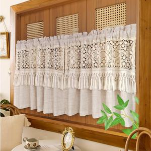 TEMU 1개 빈티지 스타일 작은 창문 커튼 | 스레드 크로셰 컷아웃 기하학적 패턴 스티칭 플레인 모조 린넨 질감 작은 커튼 (주방 창문용) 반창, 커튼봉 포켓 탑 1 패널 커피 커튼