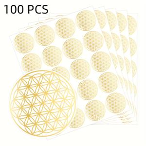 TEMU 100개 생명 꽃 금색 스티커, 1.5인치 원형 자체 접착 PVC, 폰 케이스, 일기, 편지, 물병, 세라믹 및 부드러운 표면용 - 우아한 기하학적 디자인, 장식용 스티커