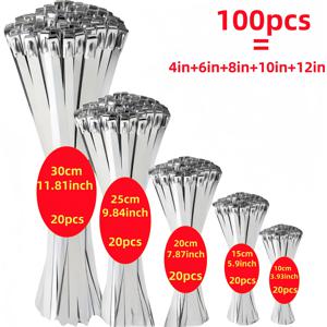 TEMU 100개(4+6+8+10+12인치) 스테인리스 스틸 케이블 타이, 자동 잠금 스테인리스 케이블 타이, 버클 케이블 타이, 해양 교통용 금속 태그 케이블 타이