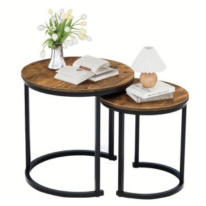 TEMU 원형 나무결 상판, 미끄럼 방지 표면, 거실, 침실, 발코니 및 파티오에 적합한 산업 스타일 사이드 테이블 2개 세트