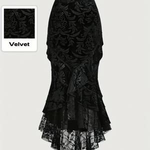 TEMU 가을 신상 고딕 우아한 럭셔리 궁전 스타일 레이스 트림 해골 엠보싱 벨벳 패치워크 레이스 밑단 여성용 머메이드 롱 드레스, 할로윈 + 니안니안에 적합