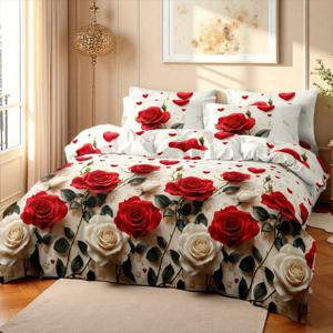 TEMU 3개 세트 2D 패턴 화이트 & 레드 로맨틱 로즈 클러스터 커버 세트, 플로럴 바인 패턴 침구 세트 (침대/게스트룸/기숙사용, 커버 1개 + 베개커버 2개, 충전재 미포함), 히든 지퍼 디자인, 세탁기 사용 가능, 사계절 사용, 여름 신상